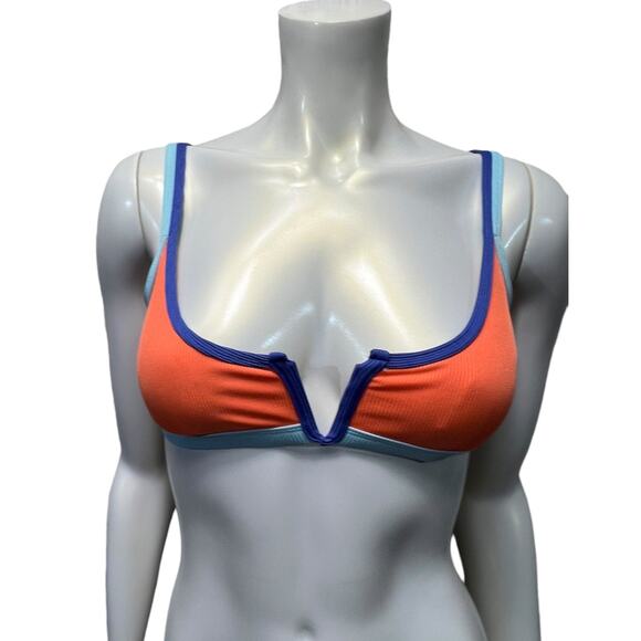 Color Block Bikini Top Orange Blue Retro V-Cut Athletic Swim Medium Ribbed - Picture 15 of 16